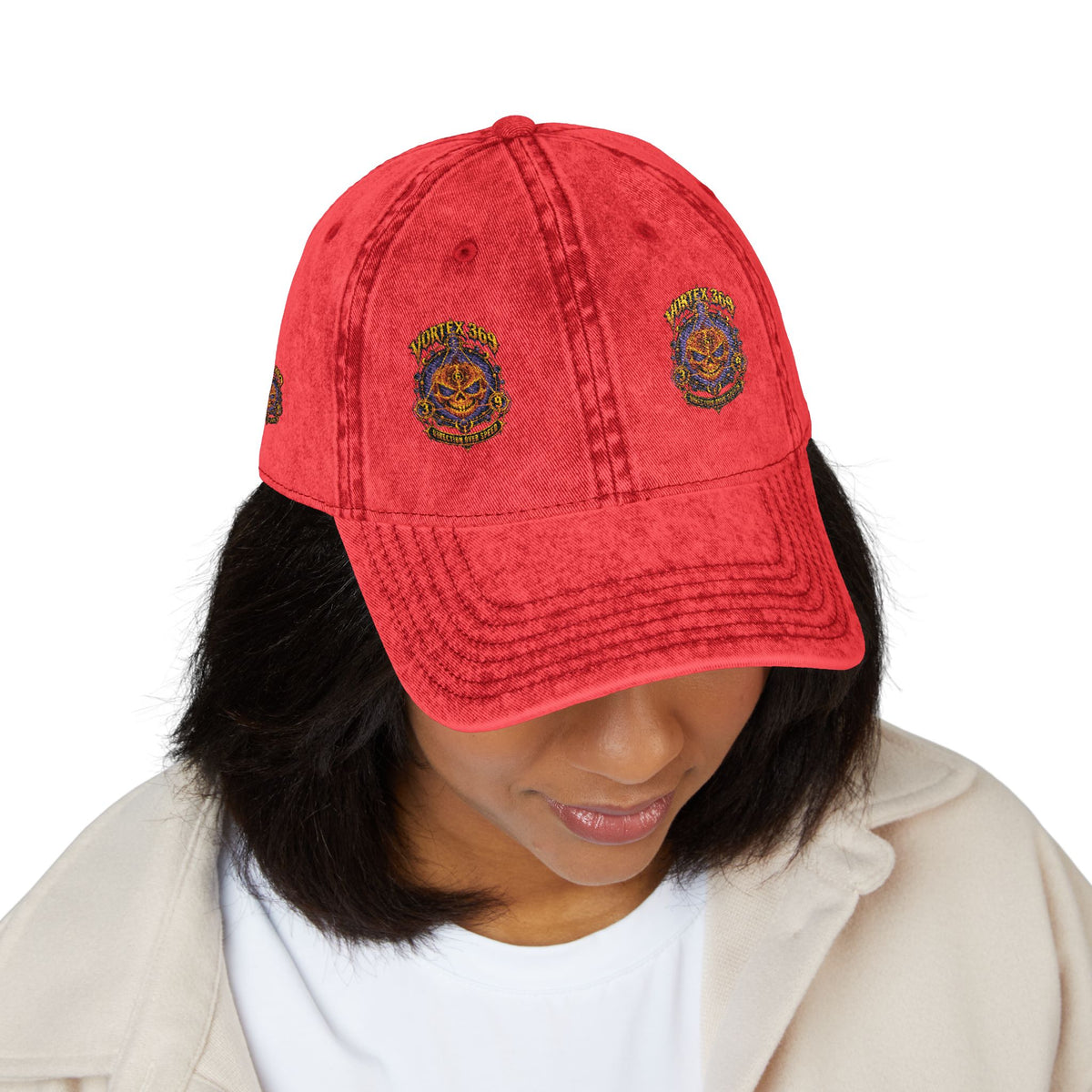 Vintage Red Embroidered Cap with Colorful Floral Medallion