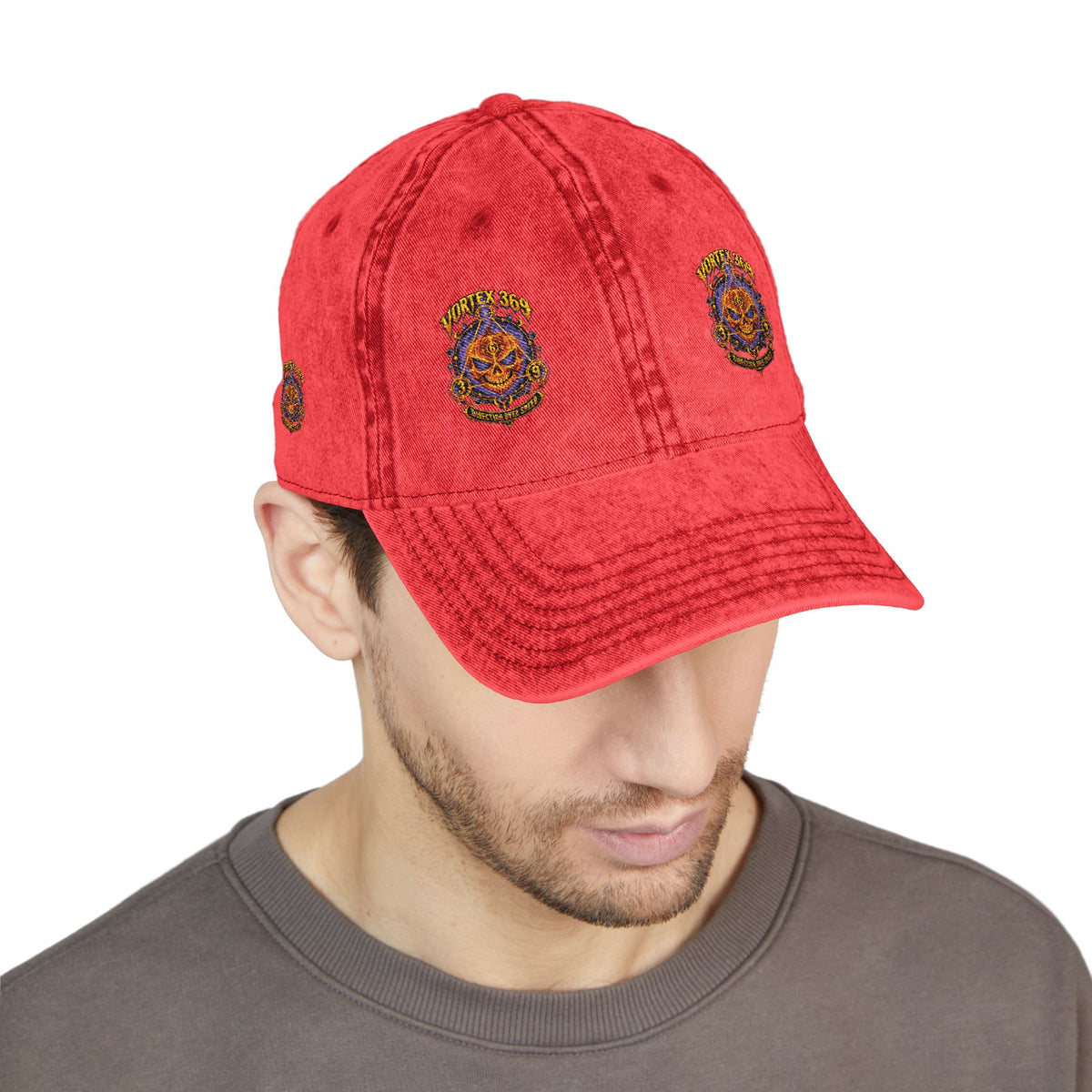 Vintage Red Embroidered Cap with Colorful Floral Medallion